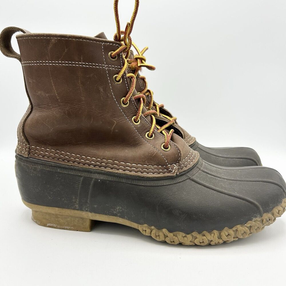 VINTAGE L.L. Bean Boots Duck Boots USA Distressed Leather Rubber Lace Up 10 - Picture 5 of 8